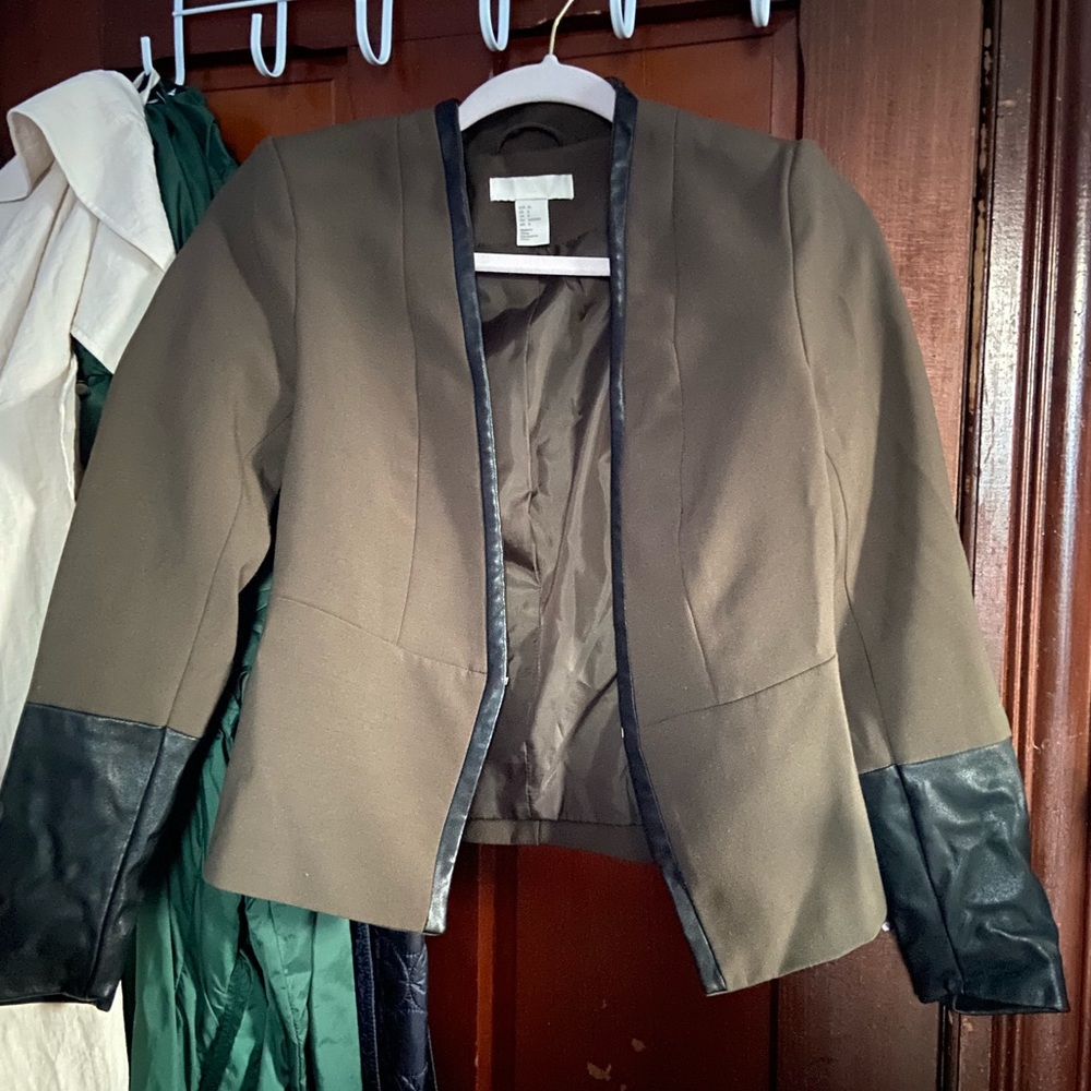 H&M - Greyish Green Faux Leather Sleeved Blazer